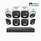 NightChroma<sup>TM</sup> NCK500 - 3K 16 Channel PoE Security System with 6 Bullet & 2 Turret Cameras, Acme Color Night Vision, f/1.0 Super Aperture, Active Alignment, Built-in Microphone, IP67 , All-Metal Housing