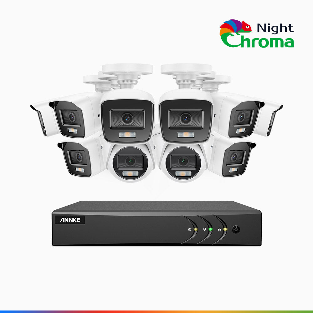 NightChroma<sup>TM</sup> NAK200 - 1080P 16 Channel Wired CCTV System with 8 Bullet & 2 Turret Cameras, Acme Colour Night Vision, f/1.0 Super Aperture, 0.001 Lux, 121° FoV, Active Alignment