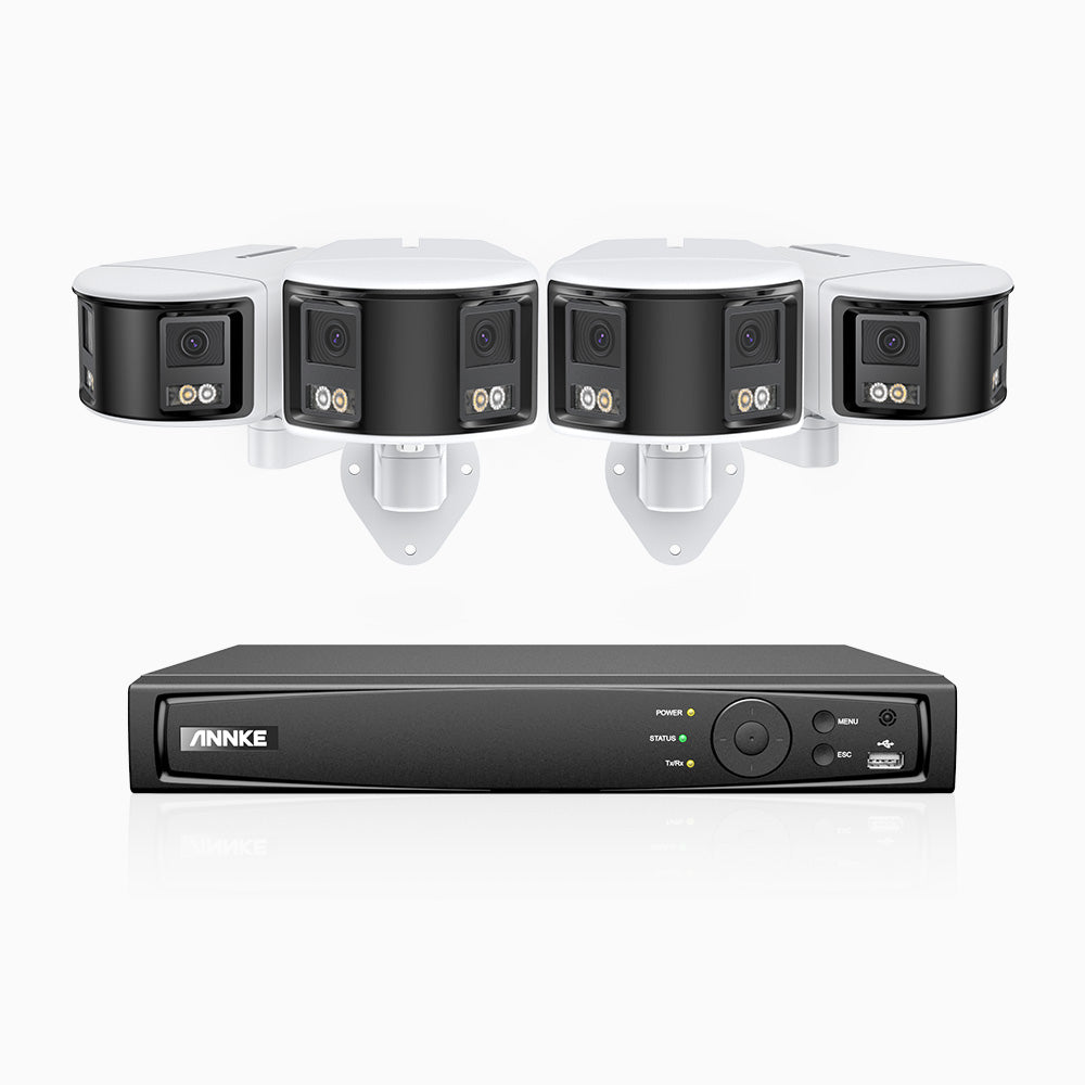 FDH600 - 8 Channel PoE Security System with 4 Dual Lens Cameras, 6MP Resolution, 180° Ultra Wide Angle, f/1.2 Super Aperture, Built-in Microphone, Active Siren & Alarm, Human & Vehicle Detection