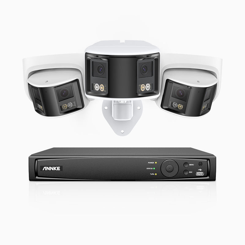 FDH600 - 8 Channel PoE Security System with 1 Bullet & 2 Turret Dual Lens Cameras, 6MP Resolution, 180° Ultra Wide Angle, f/1.2 Super Aperture, Built-in Microphone, Active Siren & Alarm, Human & Vehicle Detection, 2-Way Audio