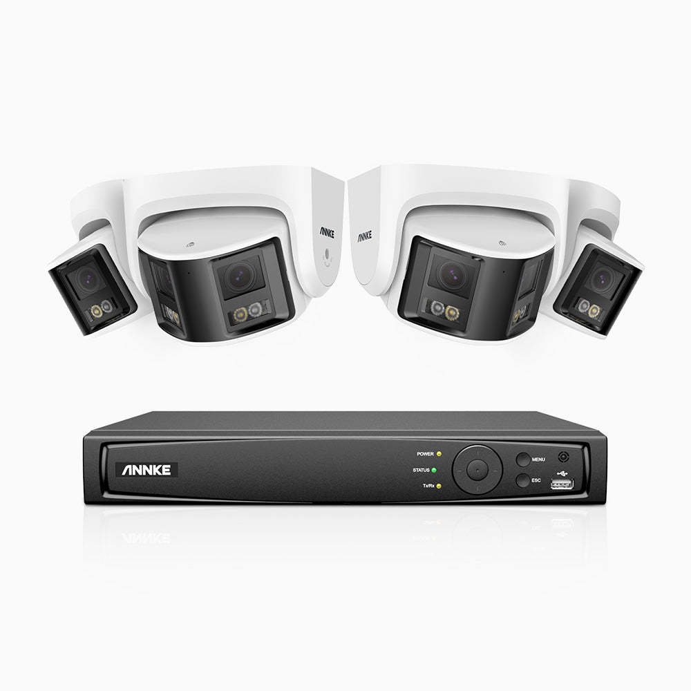 FDH600 - 8 Channel PoE Security System with 4 Dual Lens Cameras, 6MP Resolution, 180° Ultra Wide Angle, f/1.2 Super Aperture, Built-in Microphone, Active Siren & Alarm, Human & Vehicle Detection