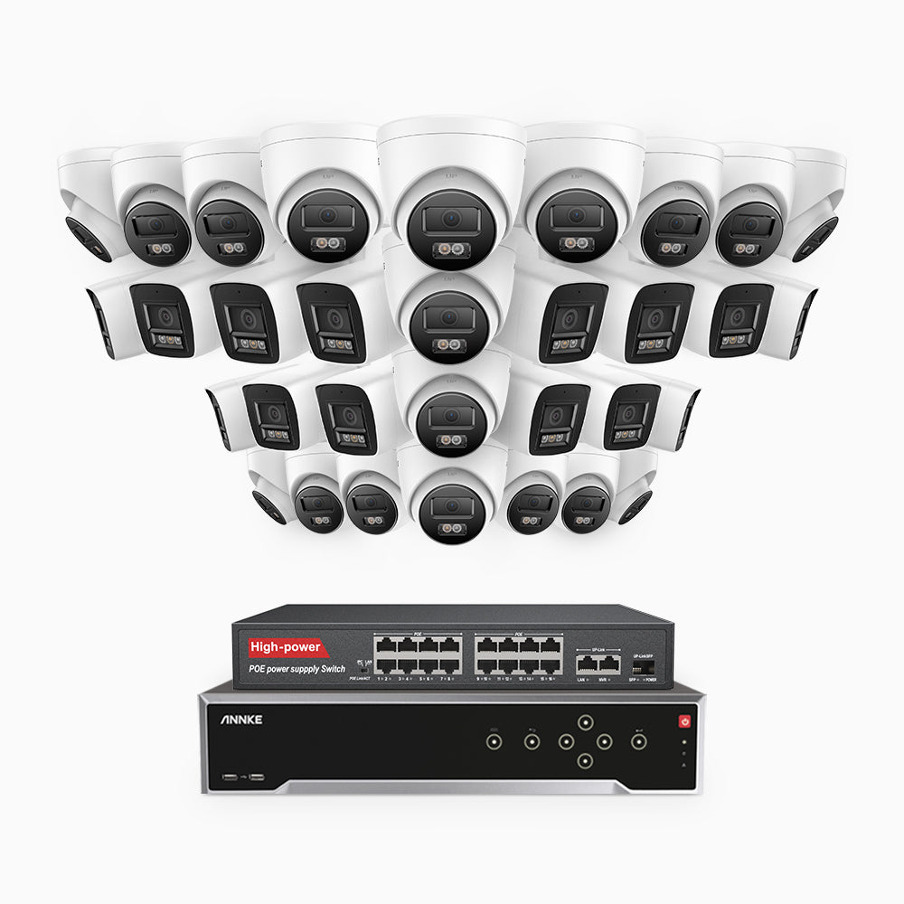 H800 - 4K 32 Channel PoE Security System with 14 Bullet & 18 Turret Cameras, Human & Vehicle Detection, Color & IR Night Vision, Built-in Mic, RTSP Supported, 16-Port PoE Switch Included