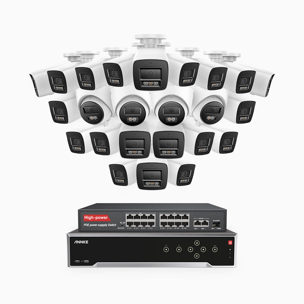 H800 - 4K 32 Channel PoE Security System with 20 Bullet & 4 Turret Cameras, Human & Vehicle Detection, Color & IR Night Vision, Built-in Mic, RTSP Supported, 16-Port PoE Switch Included