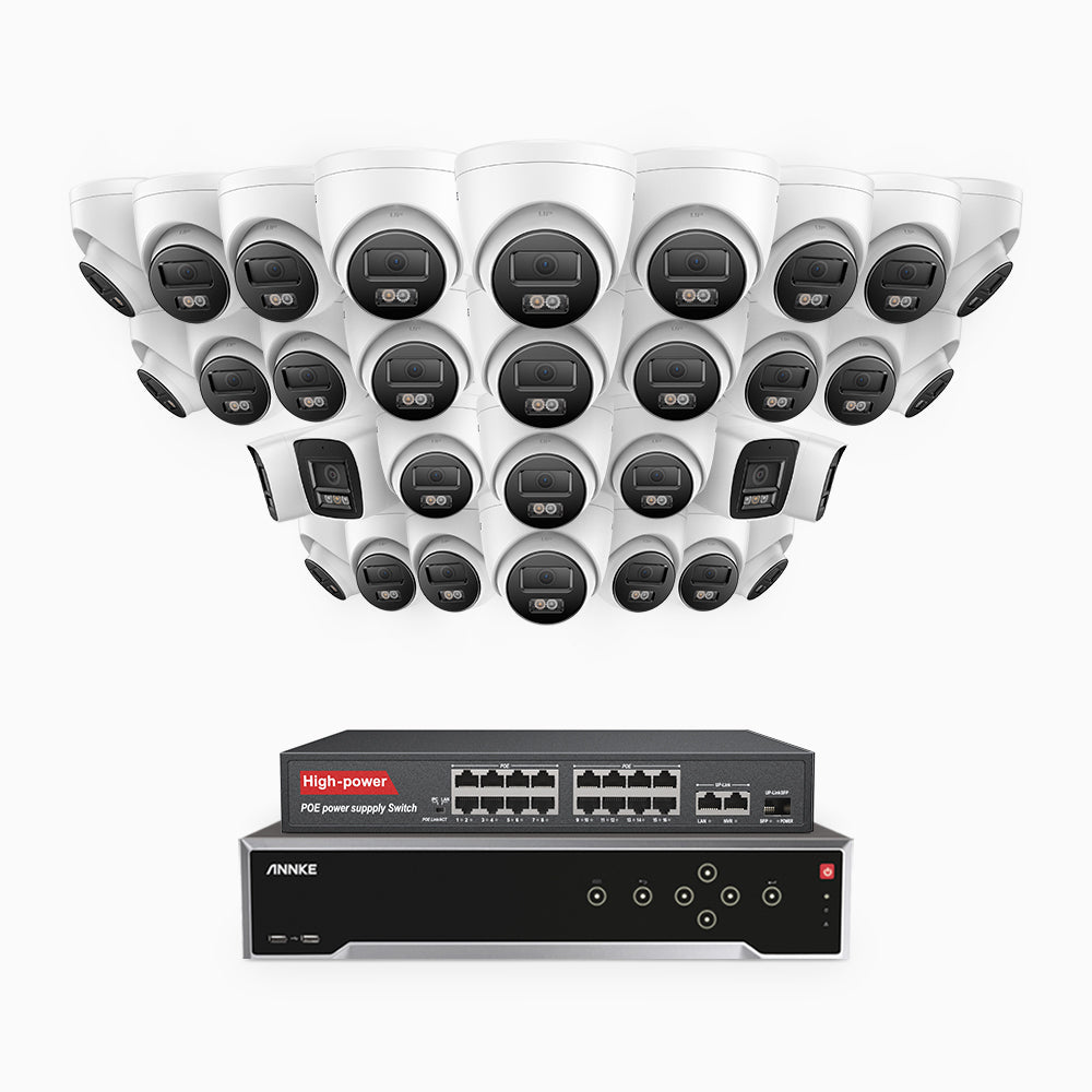 H800 - 4K 32 Channel PoE Security System with 4 Bullet & 28 Turret Cameras, Human & Vehicle Detection, Color & IR Night Vision, Built-in Mic, RTSP Supported, 16-Port PoE Switch Included