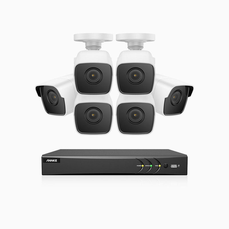 E500 – 5MP 8 Channel 6 Camera Outdoor Wired Security System, Smart DVR with Human & Vehicle Detection, 100 ft Infrared Night Vision, IP67 Weatherproof