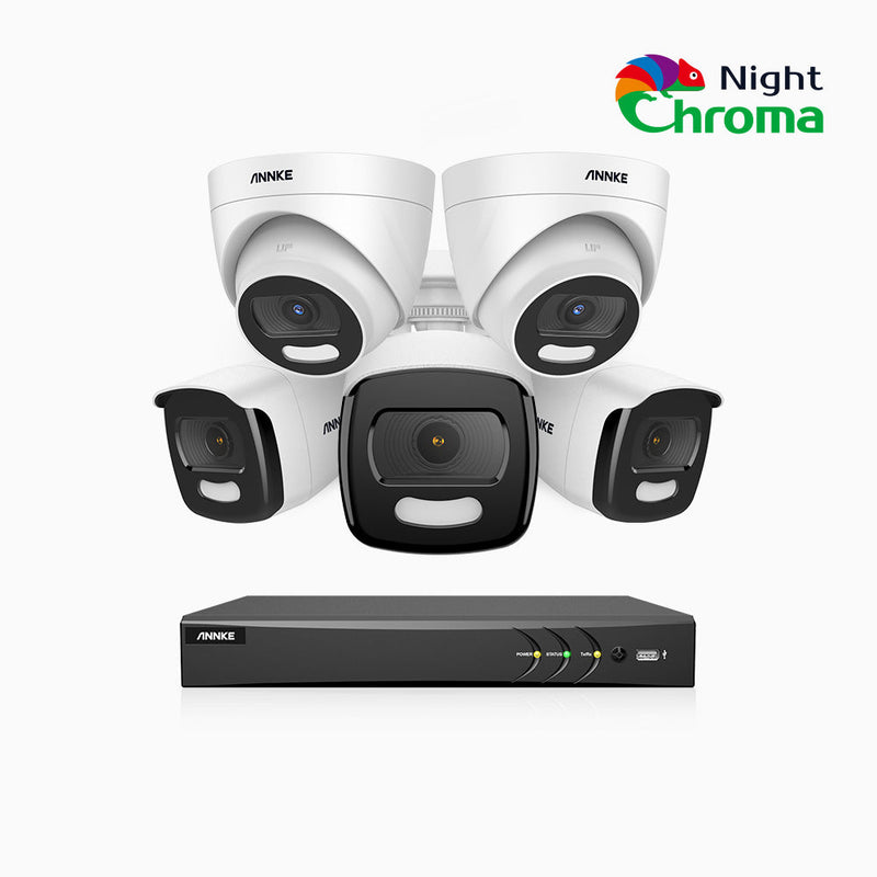 NightChroma<sup>TM</sup> NCK400 - 4MP 8 Channel PoE Security System with 3 Bullet & 2 Turret Cameras, Acme Color Night Vision, f/1.0 Super Aperture, Active Alignment , Built-in Microphone