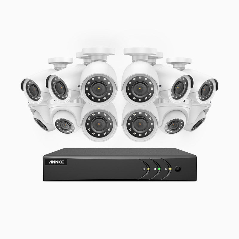 E200 - 1080p 16 Channel Outdoor Wired Security CCTV System with 8 Bullet & 4 Turret Cameras, Smart DVR with Human & Vehicle Detection, H.265+, 100 ft Infrared Night Vision