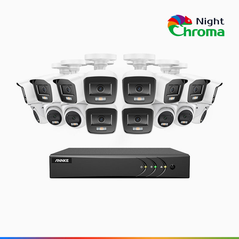 NightChroma<sup>TM</sup> NAK200 - 1080P 16 Channel Wired CCTV System with 10 Bullet & 6 Turret Cameras, Acme Colour Night Vision, f/1.0 Super Aperture, 0.001 Lux, 121° FoV, Active Alignment