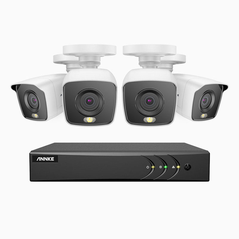 FC200 - 1080p 8 Channel 4 Camera Wired Security System, Color Night Vision, 100 ft Supplement Light, IP67 Weatherproof, UL-Certification, H.265+ Smart DVR with Human & Vehicle Detection