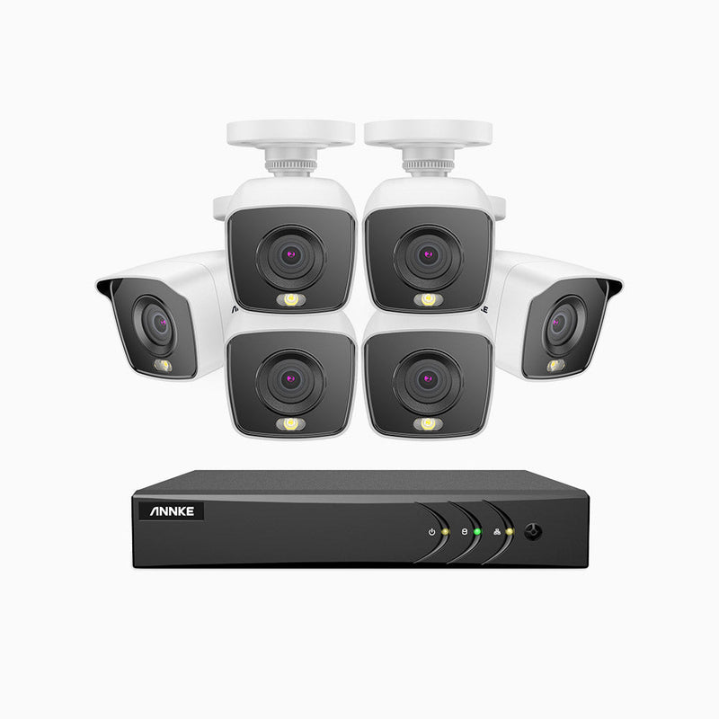 FC200 - 1080p 8 Channel 6 Camera Wired Security System, Color Night Vision, 100 ft Supplement Light, IP67 Weatherproof, UL-Certification, H.265+ Smart DVR with Human & Vehicle Detection
