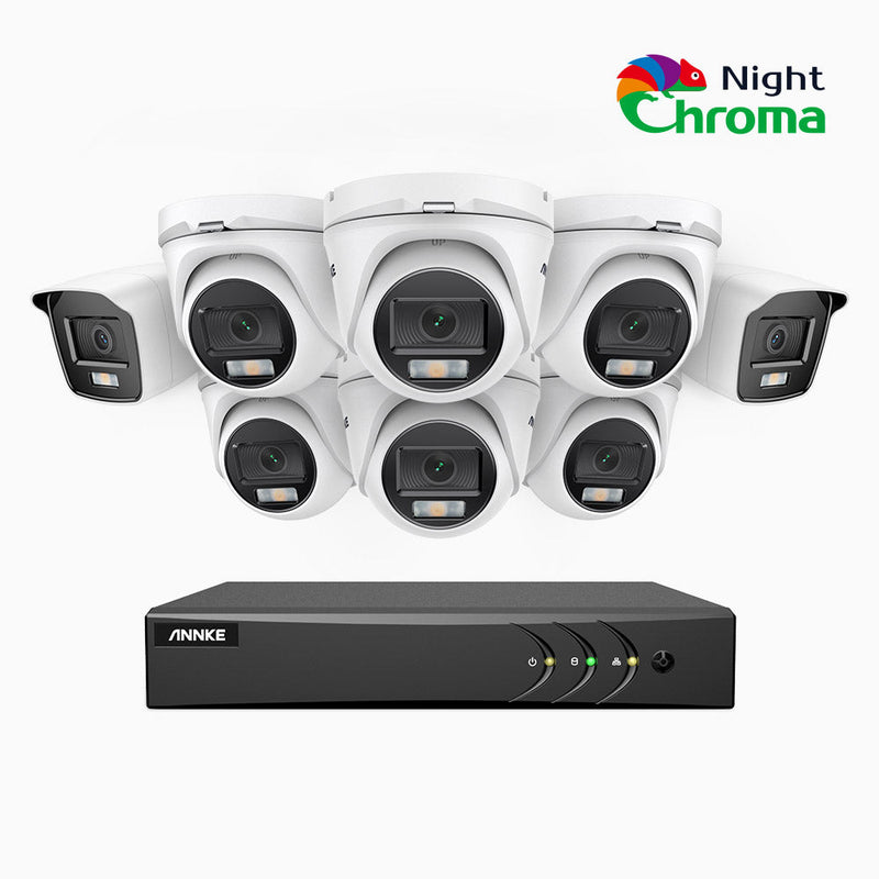 NightChroma<sup>TM</sup> NAK200 - 1080P 8 Channel Wired CCTV System with 2 Bullet & 6 Turret Cameras, Acme Colour Night Vision, f/1.0 Super Aperture, 0.001 Lux, 121° FoV, Active Alignment