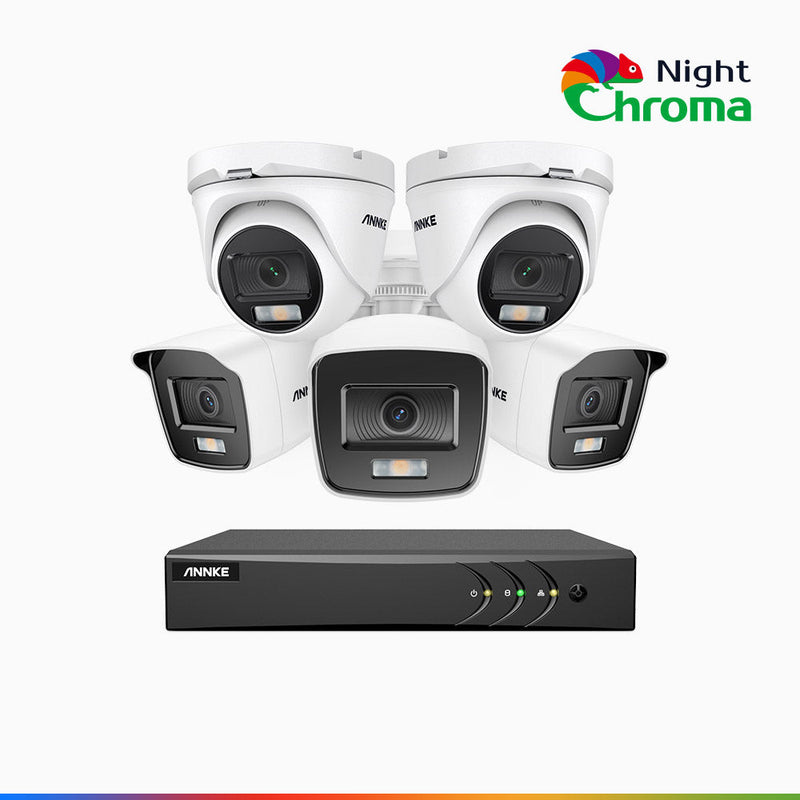 NightChroma<sup>TM</sup> NAK200 - 1080P 8 Channel Wired CCTV System with 3 Bullet & 2 Turret Cameras, Acme Colour Night Vision, f/1.0 Super Aperture, 0.001 Lux, 121° FoV, Active Alignment