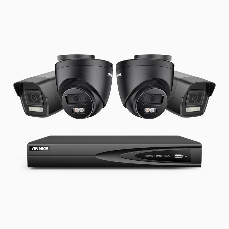 AH500 - 3K 4 Channel PoE Security System with 2 Bullet & 2 Turret Cameras, Color & IR Night Vision, 3072*1728 Resolution, f/1.6 Aperture (0.005 Lux), Human & Vehicle Detection, Built-in Microphone, IP67