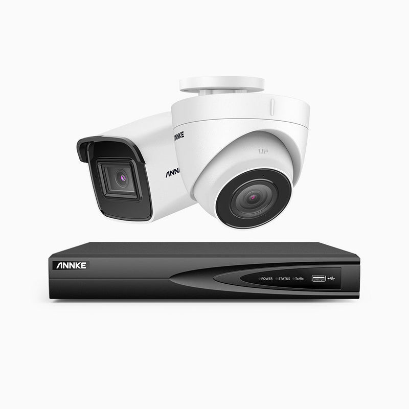H800 - 4K 4 Channel PoE Security System with 1 Bullet & 1 Turret Cameras, Human & Vehicle Detection, EXIR 2.0 Night Vision, 123° FoV, Built-in Mic, RTSP Supported