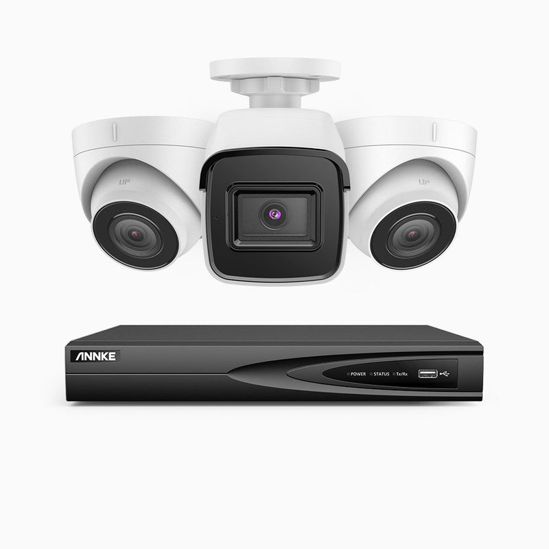 H800 - 4K 4 Channel PoE Security System with 1 Bullet & 2 Turret Cameras, Human & Vehicle Detection, EXIR 2.0 Night Vision, 123° FoV, Built-in Mic, RTSP Supported