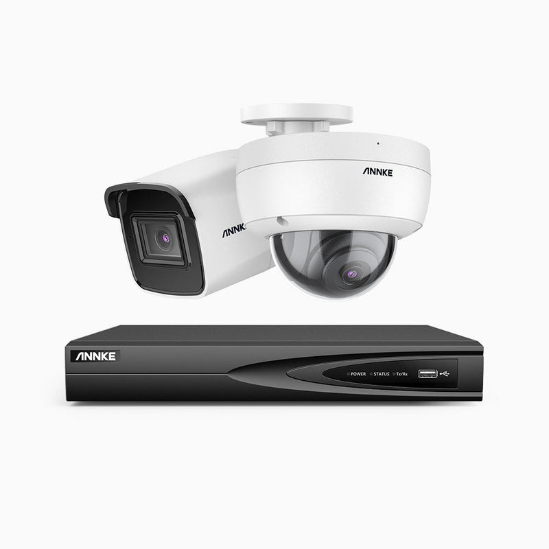 H800 - 4K 4 Channel PoE Security System with 1 Bullet & 1 Dome (IK10) Cameras, Vandal-Resistant, Human & Vehicle Detection, 123° FoV, Built-in Mic, RTSP Supported