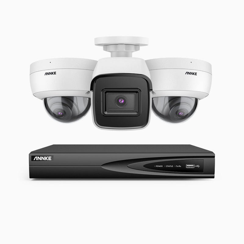 H800 - 4K 4 Channel PoE Security System with 1 Bullet & 2 Dome (IK10) Cameras, Vandal-Resistant, Human & Vehicle Detection, 123° FoV, Built-in Mic, RTSP Supported