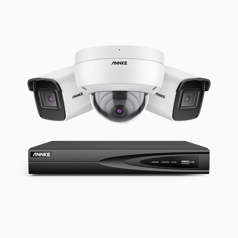 H800 - 4K 4 Channel PoE Security System with 2 Bullet & 1 Dome (IK10) Cameras, Vandal-Resistant, Human & Vehicle Detection, 123° FoV, Built-in Mic, RTSP Supported