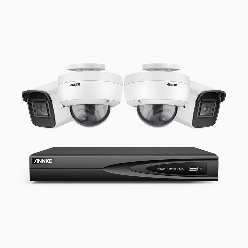 H800 - 4K 4 Channel PoE Security System with 2 Bullet & 2 Dome (IK10) Cameras, Vandal-Resistant, Human & Vehicle Detection, 123° FoV, Built-in Mic, RTSP Supported