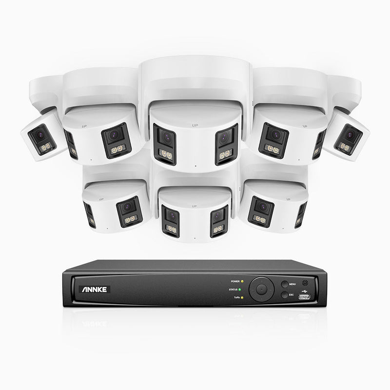 FDH600 - 16 Channel PoE Security System with 8 Dual Lens Cameras, 6MP Resolution, 180° Ultra Wide Angle, f/1.2 Super Aperture, Built-in Microphone, Active Siren & Alarm, Human & Vehicle Detection, 2-Way Audio