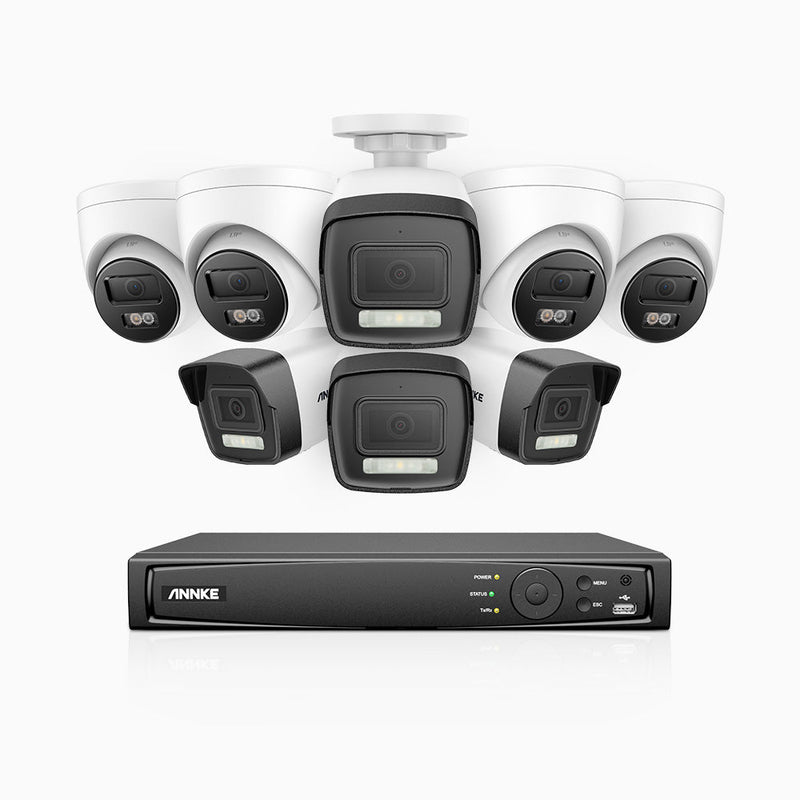 AH500 - 3K 16 Channel PoE Security System with 4 Bullet & 4 Turret Cameras, Color & IR Night Vision, 3072*1728 Resolution, f/1.6 Aperture (0.005 Lux), Human & Vehicle Detection, Built-in Microphone, IP67
