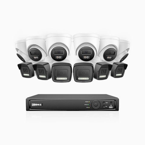 AH500 - 3K 16 Channel PoE Security System with 6 Bullet & 6 Turret Cameras, Color & IR Night Vision, 3072*1728 Resolution, f/1.6 Aperture (0.005 Lux), Human & Vehicle Detection, Built-in Microphone, IP67