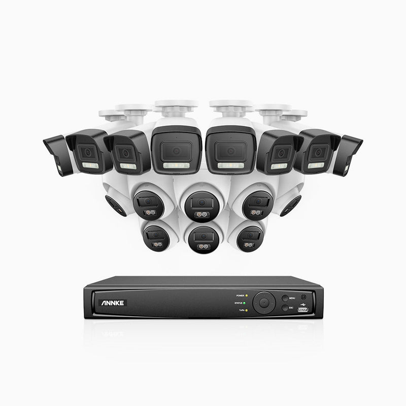AH500 - 3K 16 Channel PoE Security System with 8 Bullet & 8 Turret Cameras, Color & IR Night Vision, 3072*1728 Resolution, f/1.6 Aperture (0.005 Lux), Human & Vehicle Detection, Built-in Microphone, IP67