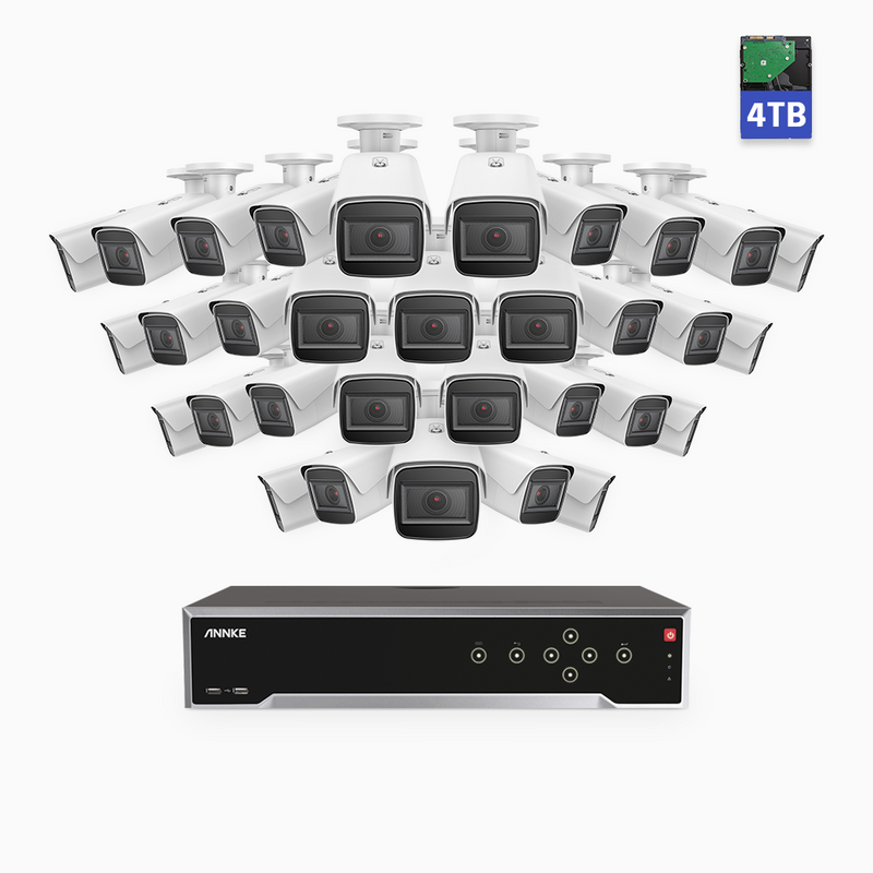 HZ800 – 4K UHD 32-Channel PoE System with 32 pcs 2.8-12 mm 4X Optical Zoom Security Cameras & 4 TB HDD