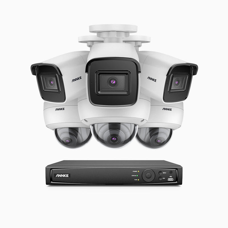 H800 - 4K 8 Channel PoE Security System with 3 Bullet & 3 Dome (IK10) Cameras, Vandal-Resistant, Human & Vehicle Detection, 123° FoV, Built-in Mic, RTSP Supported