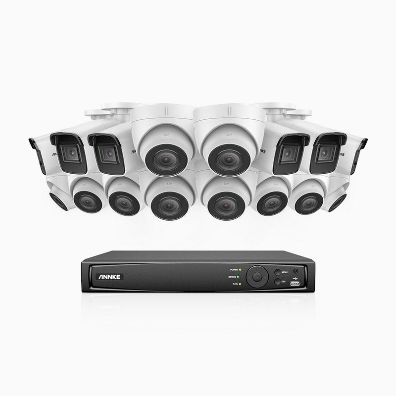 H800 - 4K 16 Channel PoE Security System with 6 Bullet & 10 Turret Cameras, Human & Vehicle Detection, EXIR 2.0 Night Vision, 123° FoV, Built-in Mic, RTSP Supported
