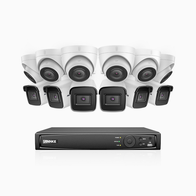 H800 - 4K 16 Channel PoE Security System with 6 Bullet & 6 Turret Cameras, Human & Vehicle Detection, EXIR 2.0 Night Vision, 123° FoV, Built-in Mic, RTSP Supported