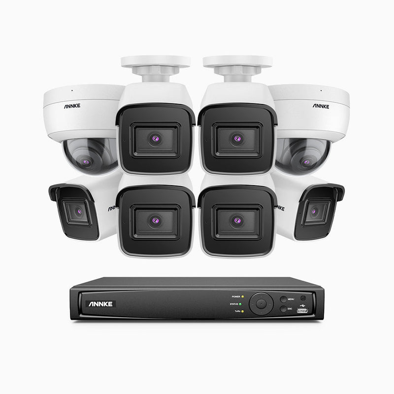 H800 - 4K 16 Channel PoE Security System with 6 Bullet & 2 Dome (IK10) Cameras, Vandal-Resistant, Human & Vehicle Detection, EXIR 2.0 Night Vision, 123° FoV, Built-in Mic, RTSP Supported