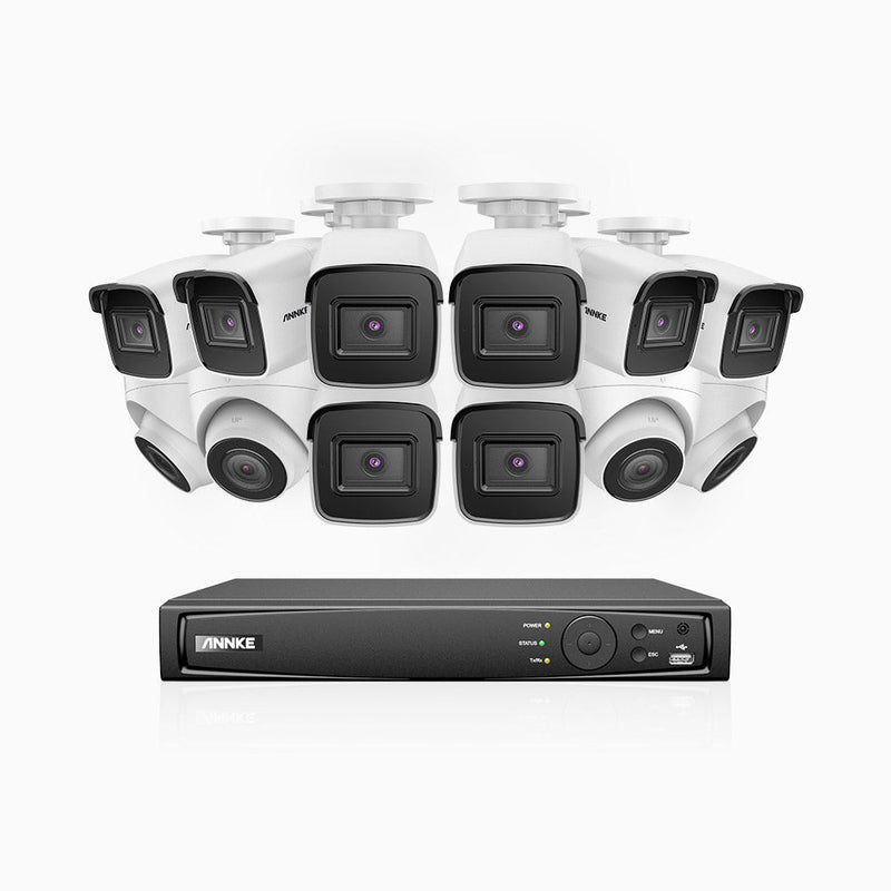 H800 - 4K 16 Channel PoE Security System with 8 Bullet & 4 Turret Cameras, Human & Vehicle Detection, EXIR 2.0 Night Vision, 123° FoV, Built-in Mic, RTSP Supported