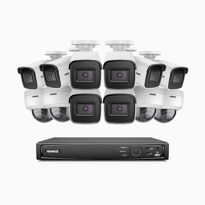 H800 - 4K 16 Channel PoE Security System with 8 Bullet & 4 Dome (IK10) Cameras, Vandal-Resistant, Human & Vehicle Detection, EXIR 2.0 Night Vision, 123° FoV, Built-in Mic, RTSP Supported