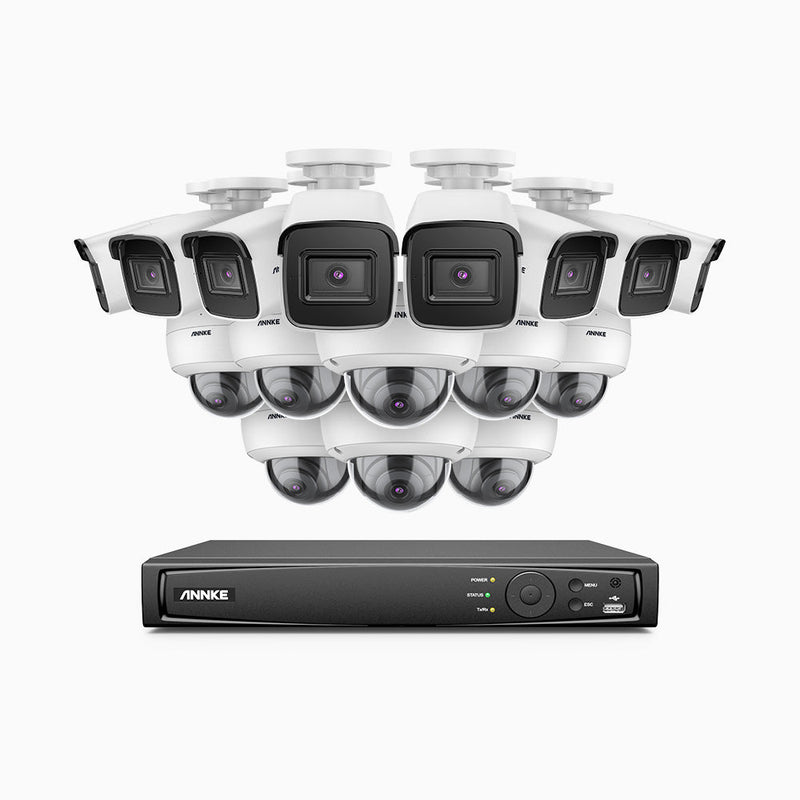 H800 - 4K 16 Channel PoE Security System with 8 Bullet & 8 Dome (IK10) Cameras, Vandal-Resistant, Human & Vehicle Detection, EXIR 2.0 Night Vision, 123° FoV, Built-in Mic, RTSP Supported