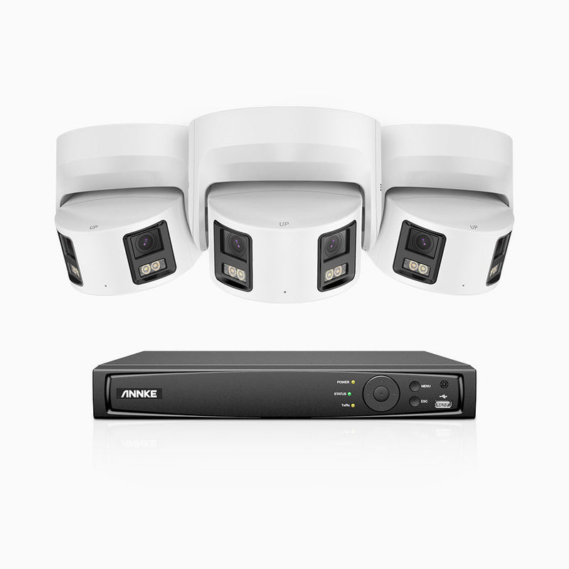 FDH600 - 8 Channel PoE Security System with 3 Dual Lens Cameras, 6MP Resolution, 180° Ultra Wide Angle, f/1.2 Super Aperture, Built-in Microphone, Active Siren & Alarm, Human & Vehicle Detection, 2-Way Audio