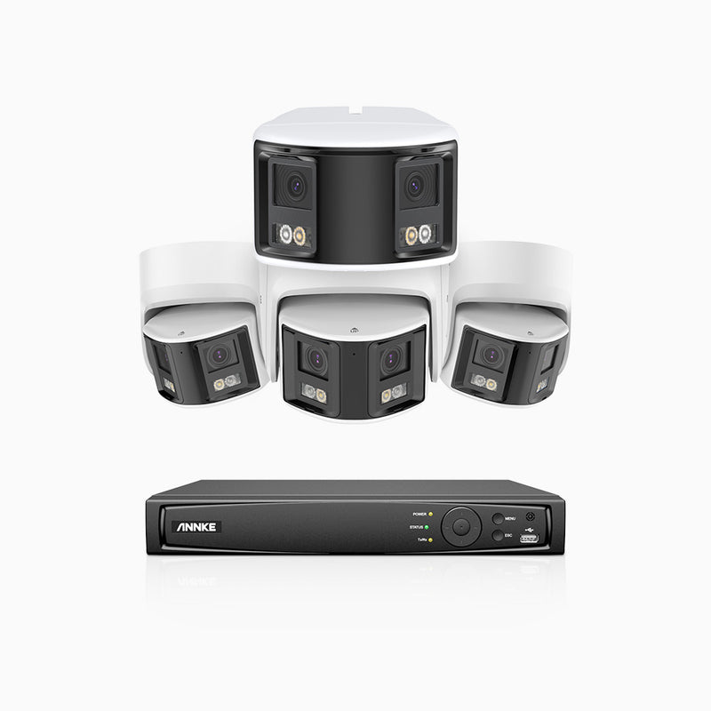 FDH600 - 8 Channel PoE Security System with 1 Bullet & 3 Turret Dual Lens Cameras, 6MP Resolution, 180° Ultra Wide Angle, f/1.2 Super Aperture, Built-in Microphone, Active Siren & Alarm, Human & Vehicle Detection, 2-Way Audio