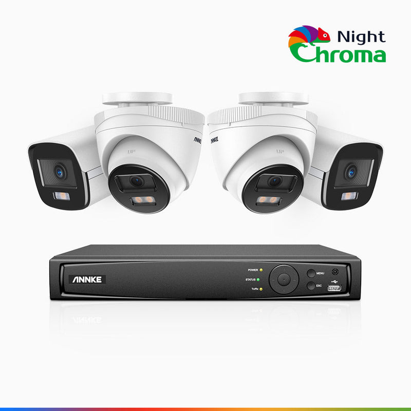 NightChroma<sup>TM</sup> NCK400 - 4MP 8 Channel PoE Security System with 2 Bullet & 2 Turret Cameras, Acme Color Night Vision, f/1.0 Super Aperture, Active Alignment , Built-in Microphone