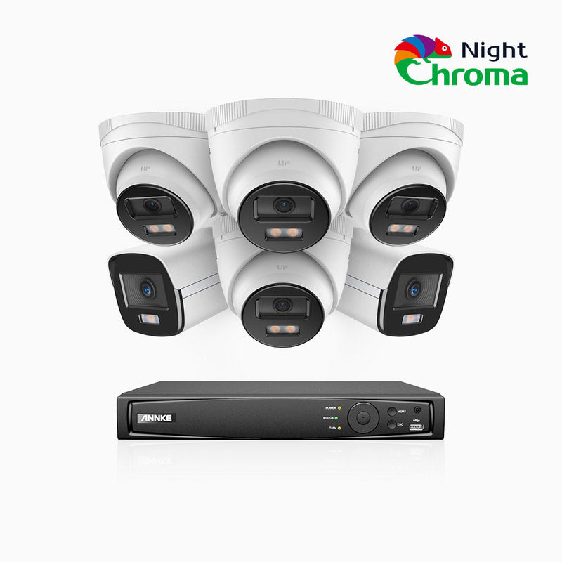 NightChroma<sup>TM</sup> NCK400 - 4MP 8 Channel PoE Security System with 2 Bullet & 4 Turret Cameras, Acme Color Night Vision, f/1.0 Super Aperture, Active Alignment , Built-in Microphone