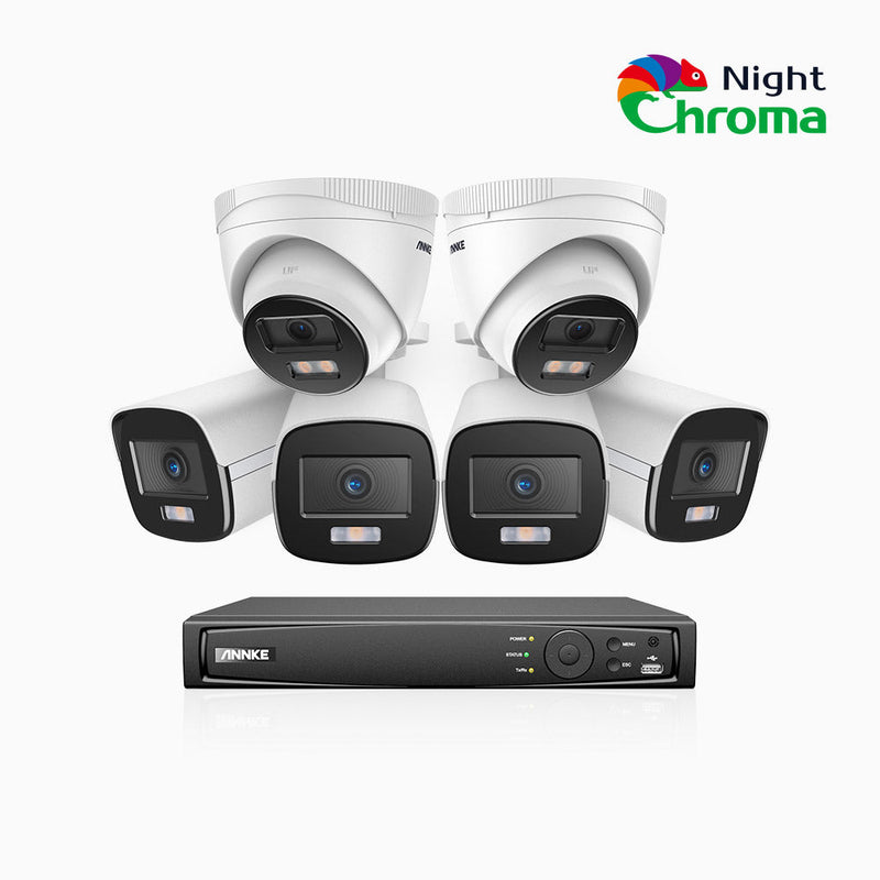 NightChroma<sup>TM</sup> NCK400 - 4MP 8 Channel PoE Security System with 4 Bullet & 2 Turret Cameras, Acme Color Night Vision, f/1.0 Super Aperture, Active Alignment , Built-in Microphone