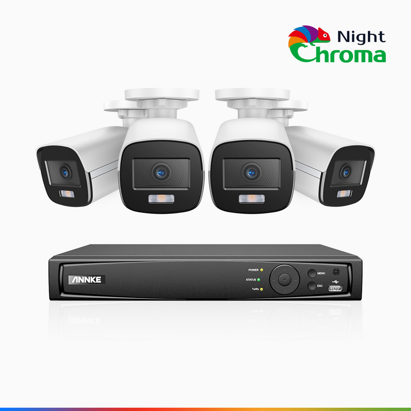 NightChroma<sup>TM</sup> NCK400 - 4MP 8 Channel 4 Camera PoE Security System, Acme Color Night Vision, f/1.0 Super Aperture, Active Alignment , Built-in Microphone