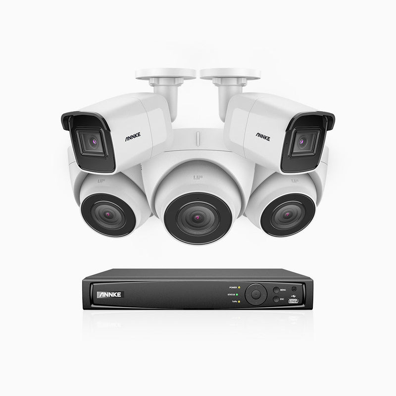 H800 - 4K 8 Channel PoE Security System with 2 Bullet & 3 Turret Cameras, Human & Vehicle Detection, Built-in Mic & SD Card Slot, EXIR 2.0 Night Vision, 123° FoV, RTSP Supported