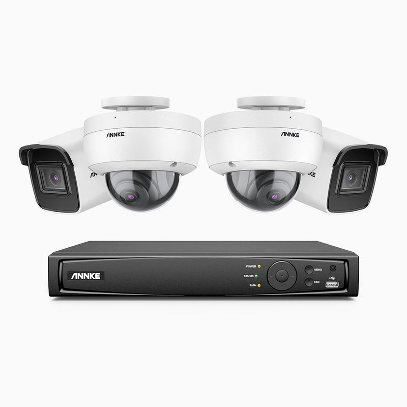 H800 - 4K 8 Channel PoE Security System with 2 Bullet & 2 Dome (IK10) Cameras, Vandal-Resistant, Human & Vehicle Detection, 123° FoV, Built-in Mic, RTSP Supported