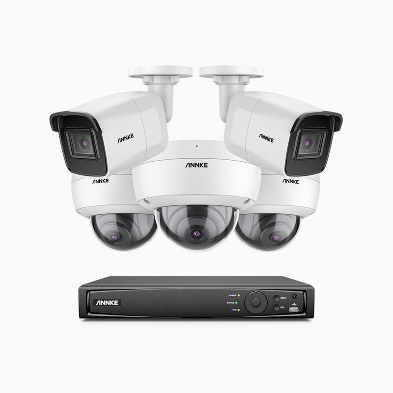 H800 - 4K 8 Channel PoE Security System with 2 Bullet & 3 Dome (IK10) Cameras, Vandal-Resistant, Human & Vehicle Detection, 123° FoV, Built-in Mic, RTSP Supported