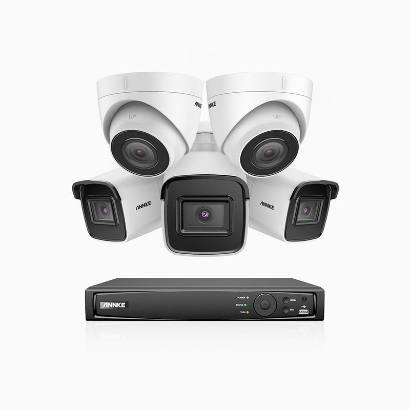 H800 - 4K 8 Channel PoE Security System with 3 Bullet & 2 Turret Cameras, Human & Vehicle Detection, Built-in Mic & SD Card Slot, EXIR 2.0 Night Vision, 123° FoV, RTSP & ONVIF Supported