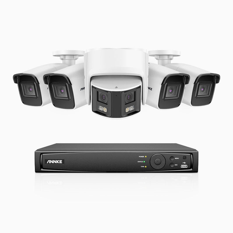 HDCK680 - 8 Channel PoE NVR Security System with Four 4K Cameras & One 6MP Dual Lens Panoramic Camera (180° Ultra Wide Angle), Human & Vehicle Detection, Built-in Microphone, Two-Way Audio