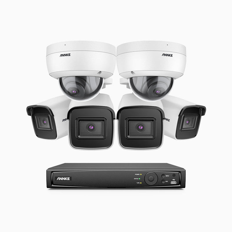 H800 - 4K 8 Channel PoE Security System with 4 Bullet & 2 Dome (IK10) Cameras, Vandal-Resistant, Human & Vehicle Detection, 123° FoV, Built-in Mic, RTSP Supported