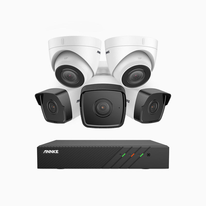 H500 - 5MP 8 Channel PoE Security System with 3 Bullet & 2 Turret Cameras, EXIR 2.0 Night Vision, Built-in Mic & SD Card Slot, RTSP Supported, Works with Alexa , IP67