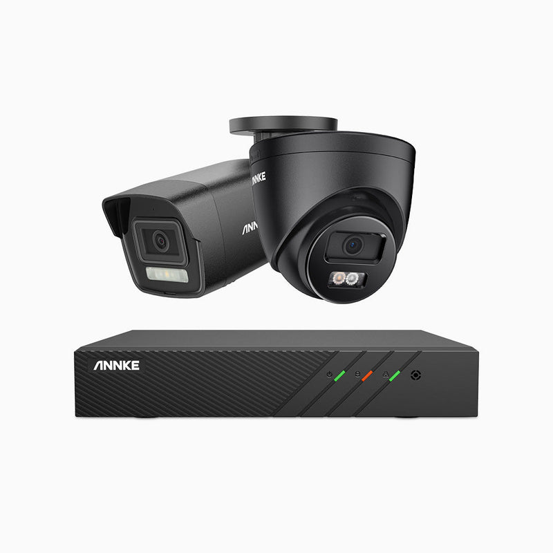 AH500 - 3K 8 Channel PoE Security System with 1 Bullet & 1 Turret Cameras, Color & IR Night Vision, 3072*1728 Resolution, f/1.6 Aperture (0.005 Lux), Human & Vehicle Detection, Built-in Microphone, IP67