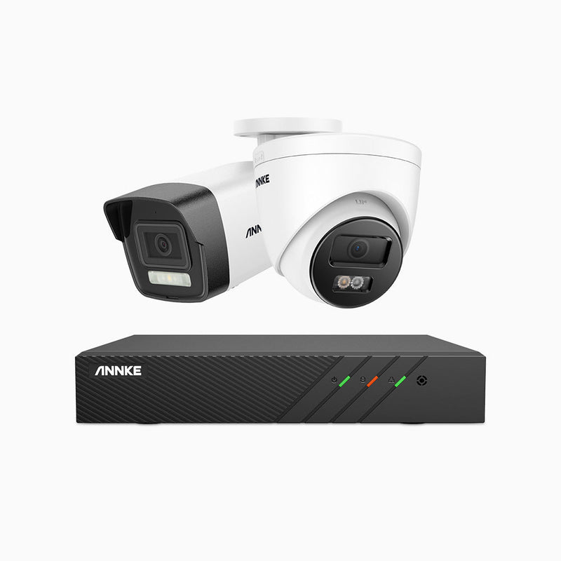 AH500 - 3K 8 Channel PoE Security System with 1 Bullet & 1 Turret Cameras, Color & IR Night Vision, 3072*1728 Resolution, f/1.6 Aperture (0.005 Lux), Human & Vehicle Detection, Built-in Microphone, IP67